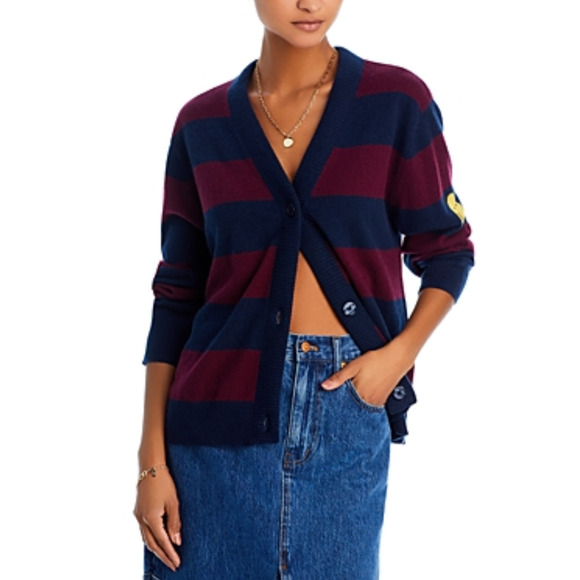 Kule Women Cashmere The Remus Smile Cardigan Navy/Pinot Size L (Pre-owned)